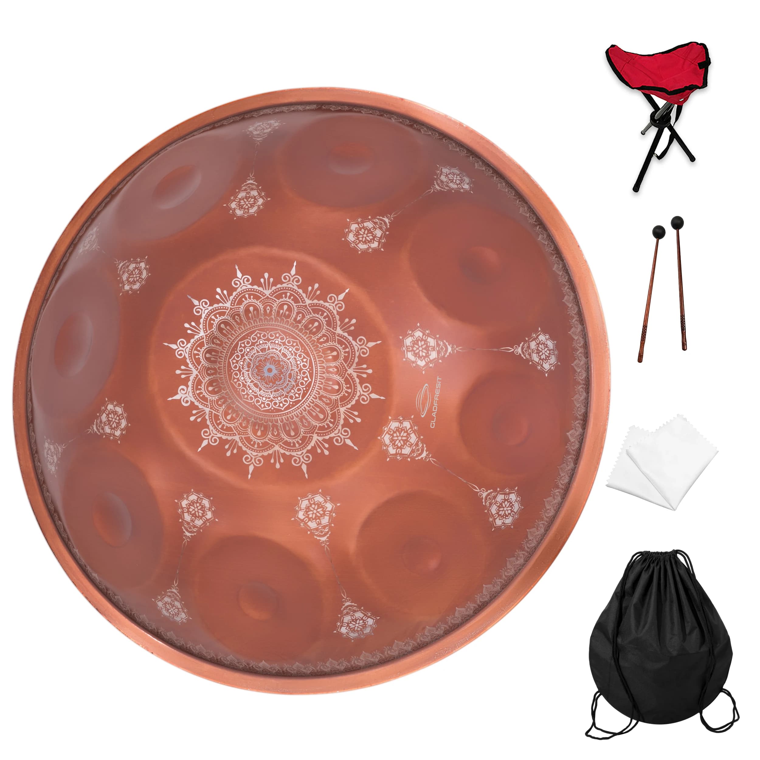 Handpan 18 pouces cuivré présenté avec son support, son sac à dos et ses mailloches