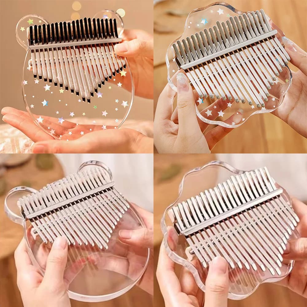 Kalimba 17 lames à corps acrylique transparent présenté sous plusieurs angles