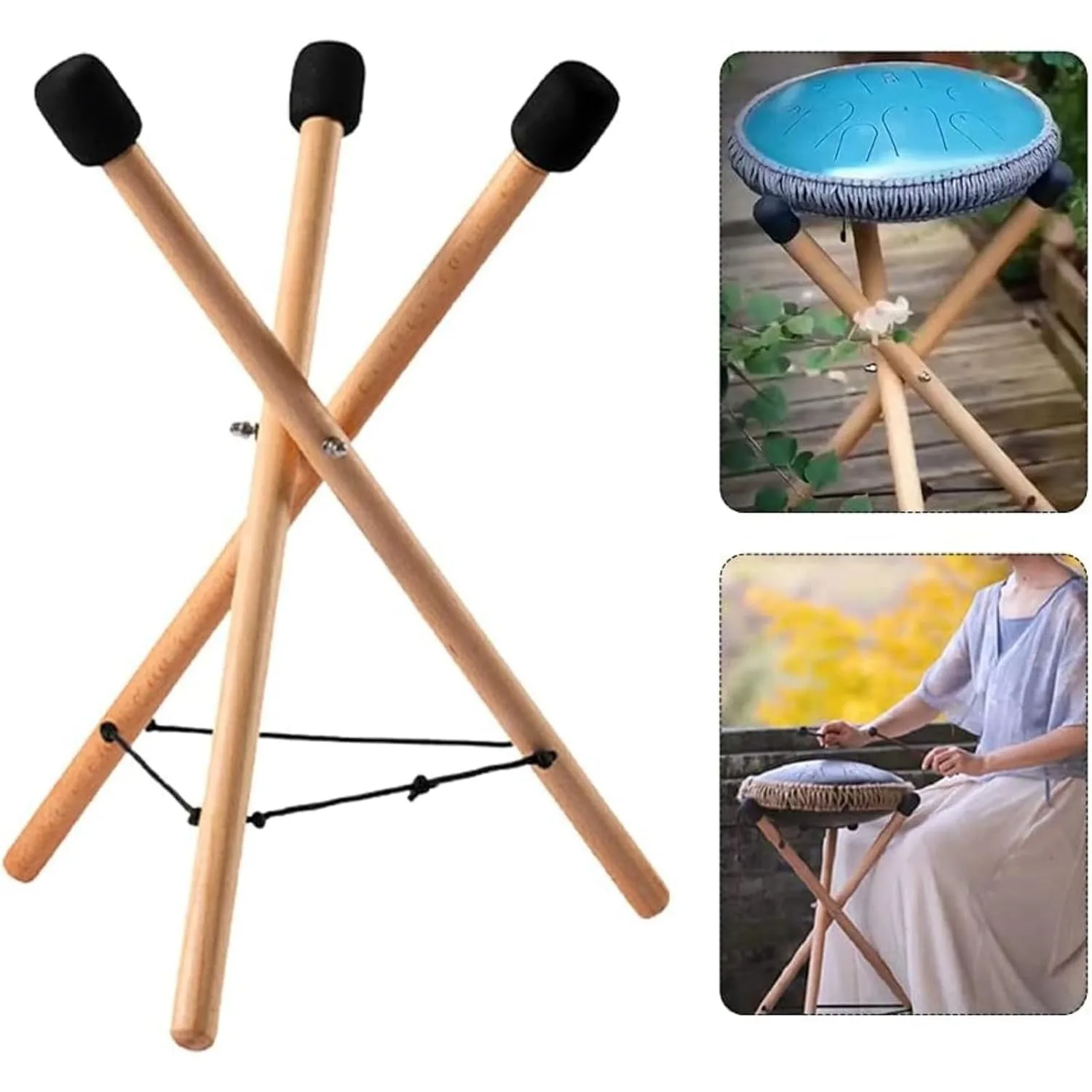 Support trépied en bois pour handpan, pieds repliables et appuis rembourrés