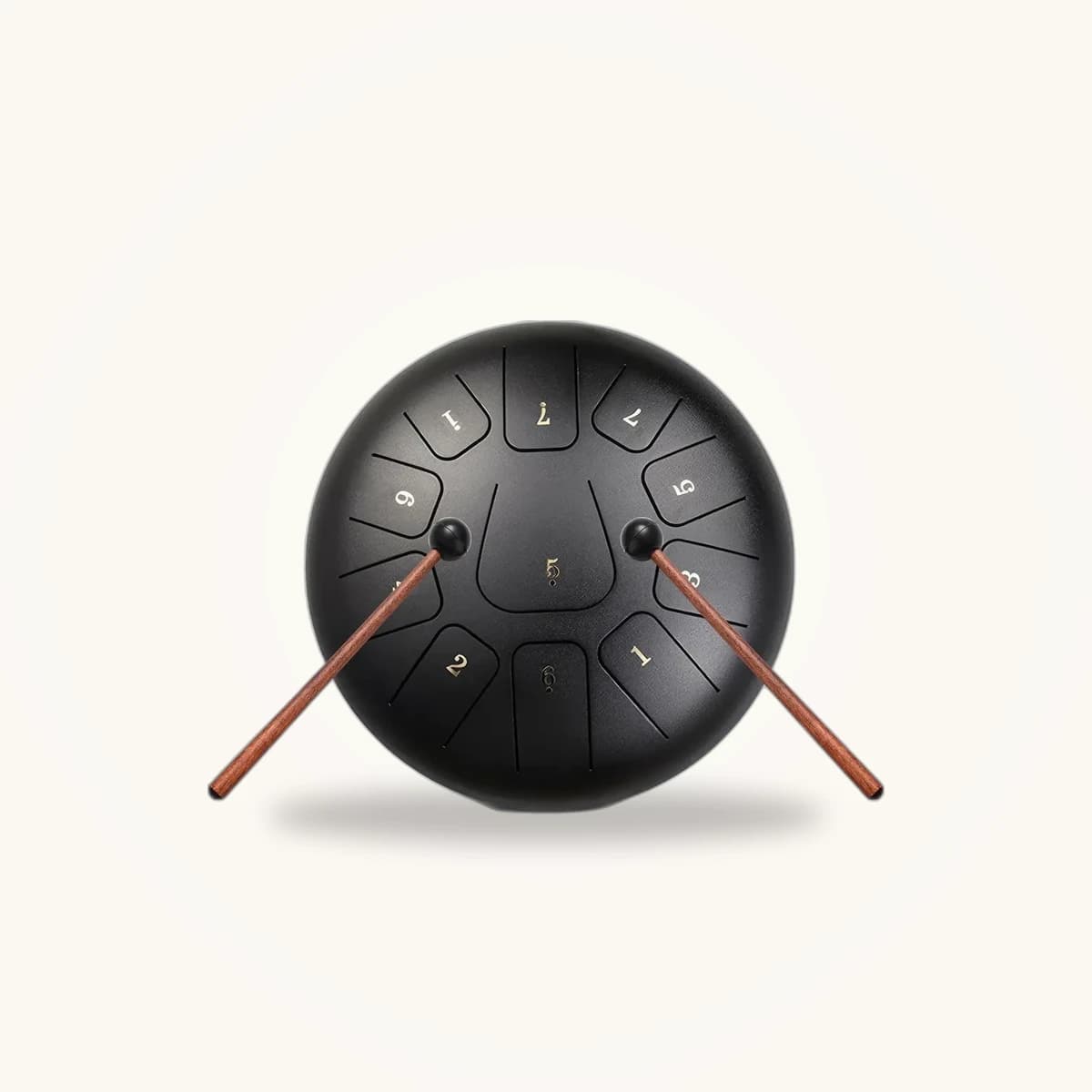 Tambour à langue en acier noir de 25 cm à 11 languettes numérotées, présenté avec ses deux maillets