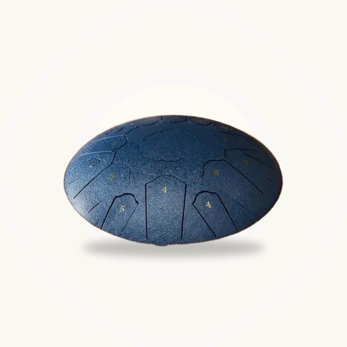 Tambour à langue en acier bleu de 36 cm à 15 languettes numérotées, vue de trois quarts