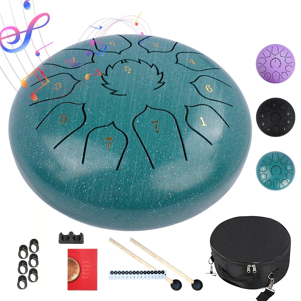 Tongue drum 11 notes de 20 cm vu de dessus, langues découpées en spirale