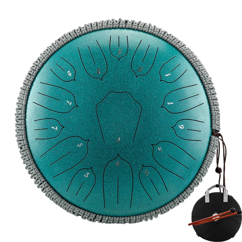 Grand tongue drum turquoise de 33 cm à 15 notes présenté avec sa housse