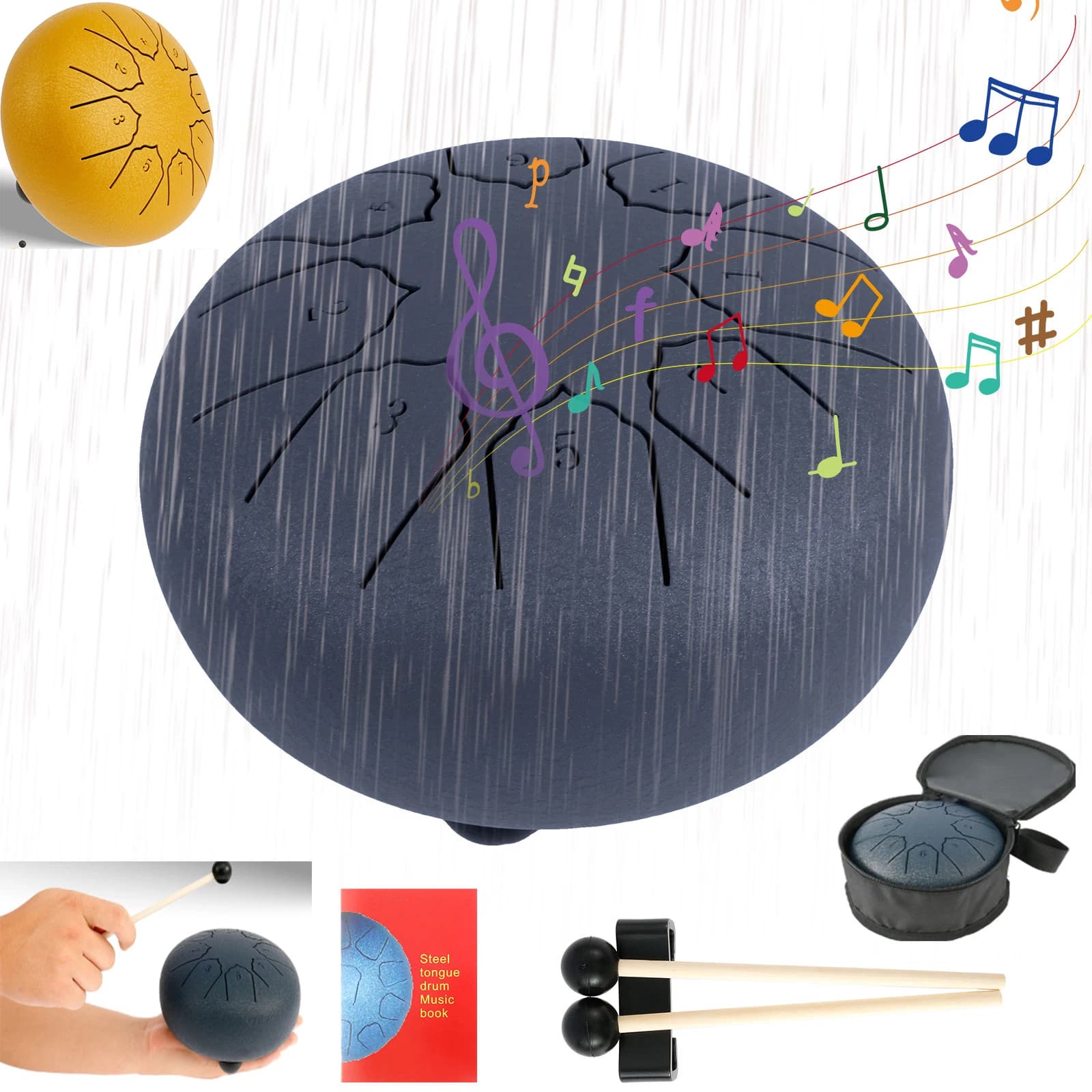 Tongue drum 8 notes à finition métal brossé vu de dessus, langues découpées visibles